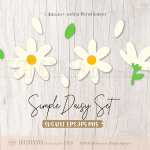 Puede incluir: Un conjunto de diseño digital de tres margaritas blancas con centros amarillos y hojas verdes. El texto "Simple Daisy Set" está escrito en fuente cursiva negra debajo de las margaritas. El texto "SVG DXF EPS JPG PNG" está escrito en negro debajo del título.