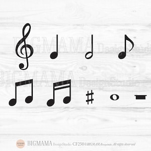 May include: Black and white musical note symbols on a white wood background. The symbols include a treble clef, a quarter note, an eighth note, a sharp, a flat, and a whole note.