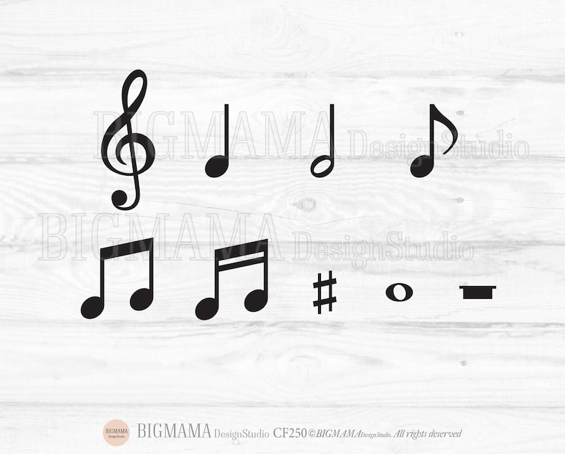 May include: Black and white musical note symbols on a white wood background. The symbols include a treble clef, a quarter note, an eighth note, a sharp, a flat, and a whole note.