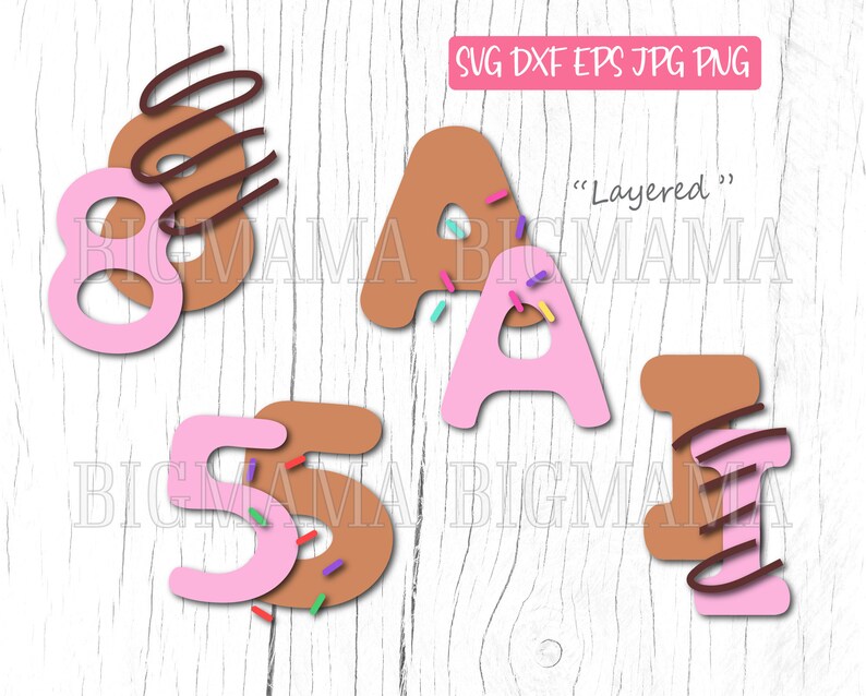 May include: Layered donut-themed alphabet letters in pink and brown. The letters are "A", "I", and the number "5". The letters are decorated with sprinkles. The text "Layered" is also included in the image.