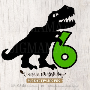 Dinosaur 6e verjaardag SVG, zesde, 6 jaar, T-rex, zes, nummer, feestvarken, tshirt, Dino, gesneden bestand, Cricut, PNG, DXF, silhouet, Instant download_D6