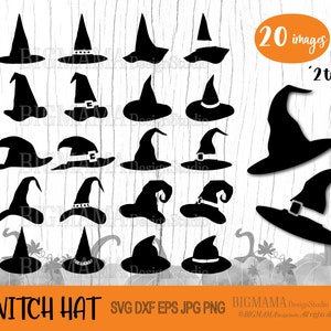 May include: A set of 20 black witch hat silhouette SVG cut files. The witch hats are in two styles, one with a pointed top and one with a rounded top. The text "20 images" and "2 type" is included in the image.