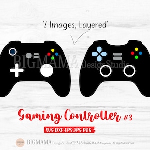 Puede incluir: Dos imágenes superpuestas en blanco y negro de un mando de videojuegos. El mando tiene un botón azul, rojo, verde y amarillo. El texto 'Gaming Controller #3' está debajo de las imágenes.