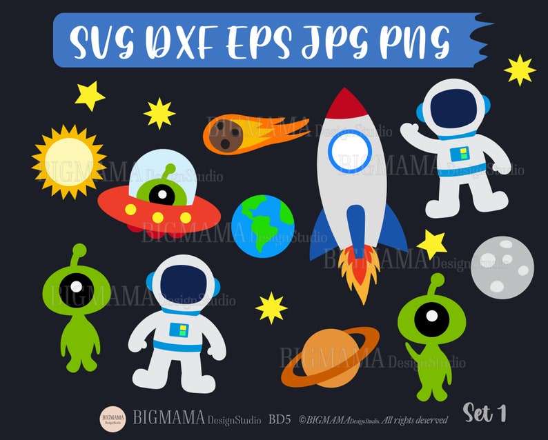 May include: A set of 10 space-themed digital clipart images. The images include a rocket, astronaut, alien, UFO, sun, earth, comet, moon, and stars. The images are in a cartoon style and are perfect for use in crafts, scrapbooking, and other creative projects.