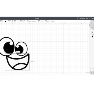 May include: A black and white digital design of a cartoon face with large eyes and a wide smile. The design is perfect for creating a fun and whimsical sticker or iron-on.