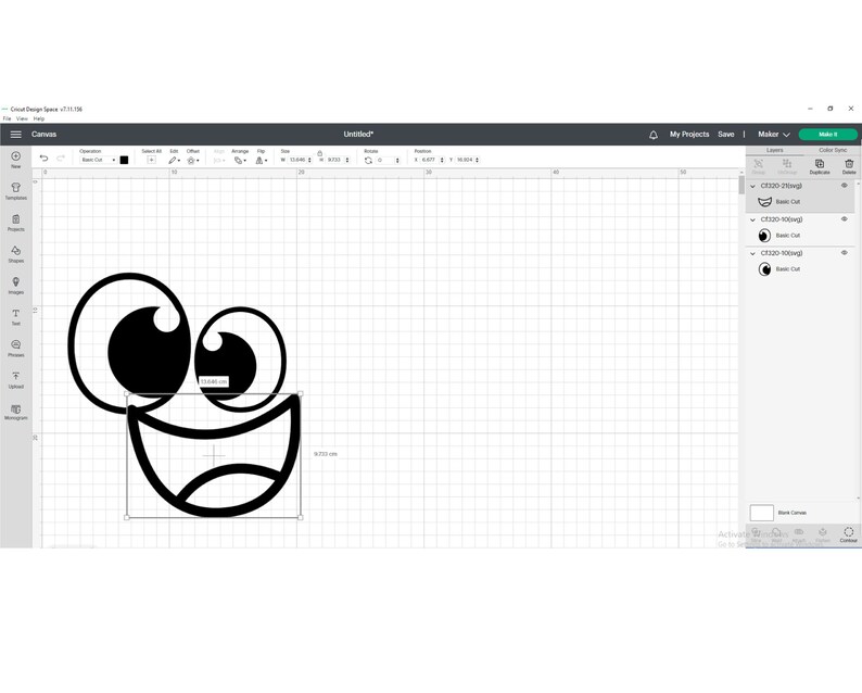 May include: A black and white digital design of a cartoon face with large eyes and a wide smile. The design is perfect for creating a fun and whimsical sticker or iron-on.