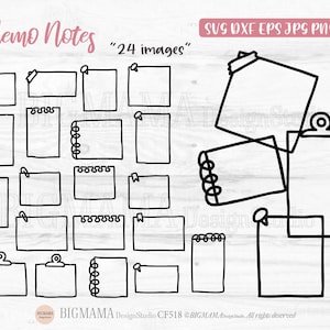 Puede incluir: Un conjunto de 24 ilustraciones de notas memo en blanco y negro. Las notas son de varias formas y tamaños, incluyendo rectangulares, cuadradas y redondeadas. Algunas notas tienen un borde simple, mientras que otras tienen un borde más decorativo con una espiral o un clip. El texto "Memo Notes" y "24 images" está incluido en la imagen.