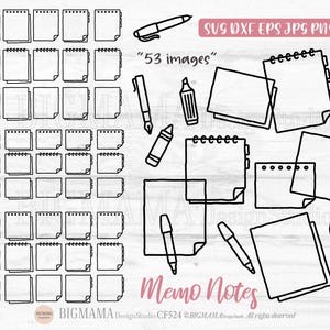 Esboço de nota de memorando SVG, arquivo de corte, nota adesiva, modelo de nota, linha, clipe de fichário, lápis, clipart, arquivo de corte, PNG, Cricut, download instantâneo_CF524