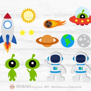 May include: A set of colourful space-themed clipart images, including a rocket, a sun, a comet, a UFO, a planet with rings, Earth, the moon, two aliens, and two astronauts. The images are on a woodgrain background.