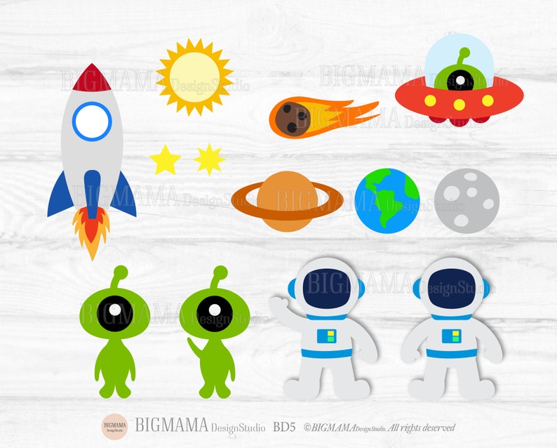 May include: A set of colourful space-themed clipart images, including a rocket, a sun, a comet, a UFO, a planet with rings, Earth, the moon, two aliens, and two astronauts. The images are on a woodgrain background.