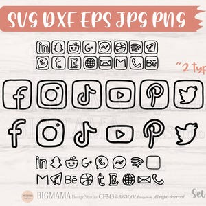 Peut inclure: Icônes en noir et blanc de plateformes de médias sociaux populaires, notamment Facebook, Instagram, TikTok, YouTube, Pinterest et Twitter. Les icônes sont disposées sur deux rangées de six icônes chacune. Le texte "2 types" et "Set 1" est également inclus dans l'image.