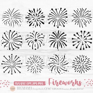 May include: A set of 12 black and white firework designs. The fireworks are in various shapes and sizes, with some having stars and others having a more abstract design. The designs are perfect for use in crafting, scrapbooking, or other creative projects.