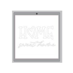 May include: A white square sign with the words "HOME sweet home" cut out in a decorative font. The word "HOME" has a heart in place of the "O". The sign is set in a gray frame.