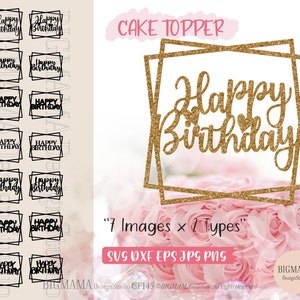 Joyeux anniversaire Cake Topper SVG Bundle, DXF, fête, modèle personnalisé, carré, rectangle, fichier de coupe, nom, nom, Cricut, Silhouette, téléchargement instantané_CF145