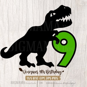 Dinosaure 9e anniversaire SVG, Neuf, 9 ans, T-rex, Neuvième, Nombre, Anniversaire Garçon, T-shirt, Dino, Fichier de coupe, Cricut, PNG, DXF, Silhouette, Téléchargement instantané_D9