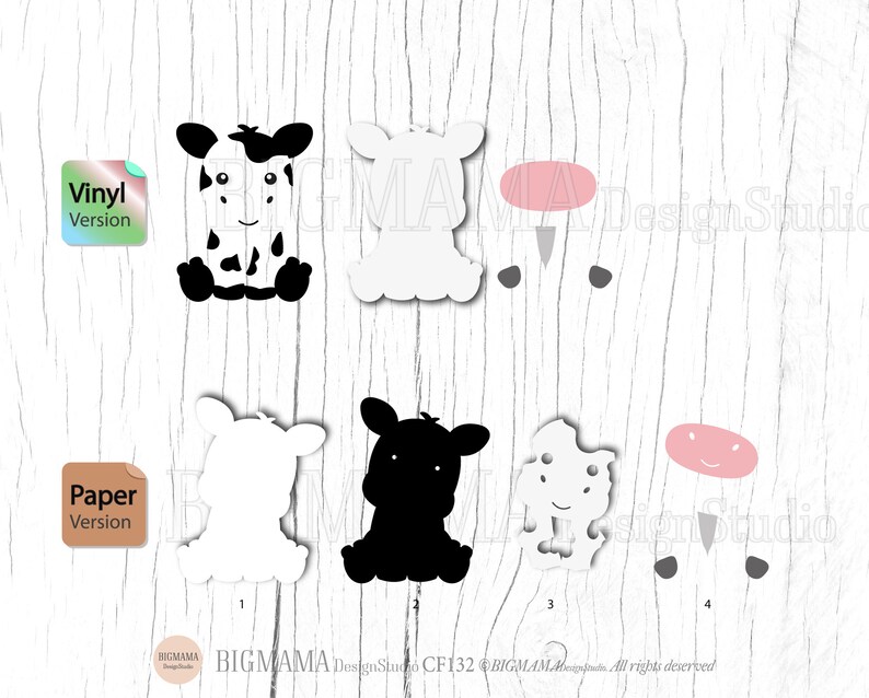 Puede incluir: Un archivo de dise&ntilde;o digital para una vaca en blanco y negro con la nariz rosa. El dise&ntilde;o est&aacute; separado en piezas individuales para facilitar el corte y el montaje. El archivo est&aacute; disponible en versiones de vinilo y papel.