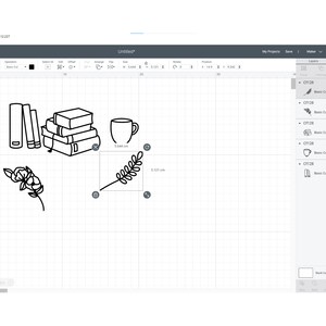 May include: Black and white line art illustration of a stack of books, a coffee cup, a sprig of leaves, and a flower. The illustration is on a white background with a grid.