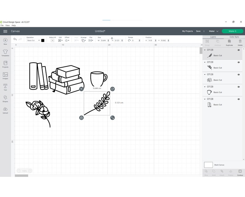 May include: Black and white line art illustration of a stack of books, a coffee cup, a sprig of leaves, and a flower. The illustration is on a white background with a grid.