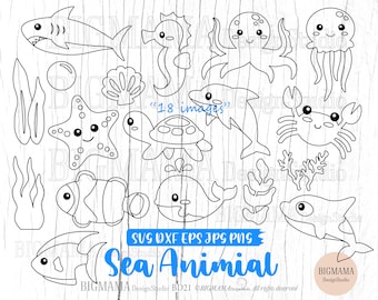 Sea Animals Outline SVG,Cut File Bundle,Ocean,Starfish,Dolphin,Turtle,Birthday,Clam,Shell,Digital Stamps,Cricut,Cameo,Instant download_BD21