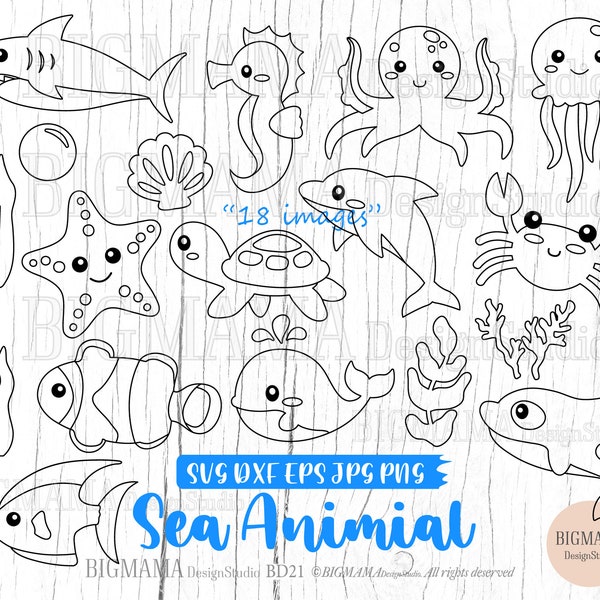 Sea Animals Outline SVG,Cut File Bundle,Ocean,Starfish,Dolphin,Turtle,Birthday,Clam,Shell,Digital Stamps,Cricut,Cameo,Instant download_BD21