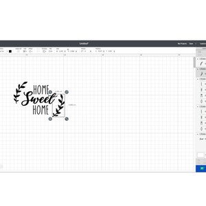 May include: A black and white graphic of the phrase "Home Sweet Home" with a leafy wreath design, displayed on a computer screen. The design is 2.240 cm by 5.300 cm. The screen shows a design program interface with various tools and options.