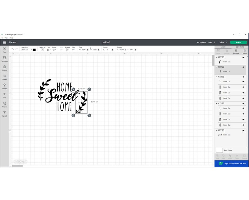 May include: A black and white graphic of the phrase "Home Sweet Home" with a leafy wreath design, displayed on a computer screen. The design is 2.240 cm by 5.300 cm. The screen shows a design program interface with various tools and options.
