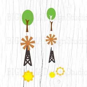 May include: A digital illustration of a windmill with a brown blade, a black tower, and a green tree on a white wood background. There are two yellow suns and a second windmill with a brown blade and a black tower.