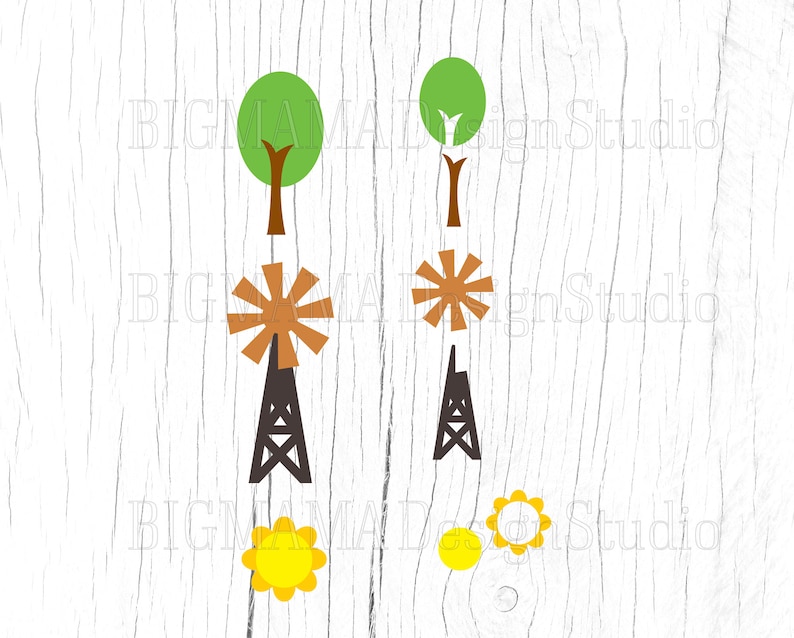 May include: A digital illustration of a windmill with a brown blade, a black tower, and a green tree on a white wood background. There are two yellow suns and a second windmill with a brown blade and a black tower.