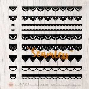 May include: A set of 10 black and white seamless lace borders, perfect for adding a touch of elegance to your designs. The borders are in various styles, including scalloped, dotted, and geometric.