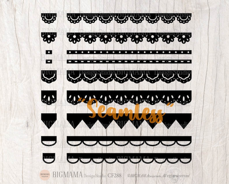 May include: A set of 10 black and white seamless lace borders, perfect for adding a touch of elegance to your designs. The borders are in various styles, including scalloped, dotted, and geometric.