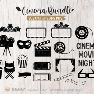 May include: Black and white cinema-themed SVG bundle with various elements. Includes a film reel, clapperboard, popcorn, movie tickets, and the text "Cinema Movie Night". The words "Cinema Bundle" are at the top.