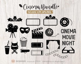 Paquete de imágenes SVG de cine, imágenes prediseñadas, tira de película, cámara, noche de cine, entrada de cine, sala de cine, rollo de película, archivo de corte, PNG, Cricut, descarga instantánea_CF535