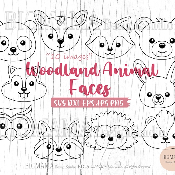 Woodland Animal Face SVG,Cut File,Bundle,Out Line,Stencil,Birthday,Pet,PNG,Zoo,Digital Stamp,PNG,Clipart,Silhouette,Instant download_BD25