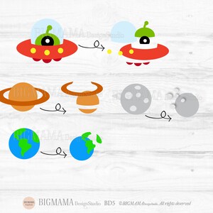 May include: A digital illustration of a red and green spaceship flying through space. The spaceship is leaving a trail of yellow stars. The illustration also shows a brown planet with rings, a grey moon, and a blue and green earth.