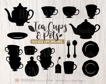 Tea Cups Svg,Tea Pots,Tea Party,Coffee,Kitchen,Cooking,Tea Cup Set,Tea Lover,Mum,Cricut,Silhouette,Mother,PNG,Clipart,Instant download_CF340