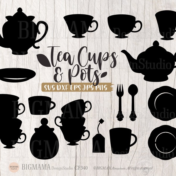 Tea Cups Svg,Tea Pots,Tea Party,Coffee,Kitchen,Cooking,Tea Cup Set,Tea Lover,Mum,Cricut,Silhouette,Mother,PNG,Clipart,Instant download_CF340