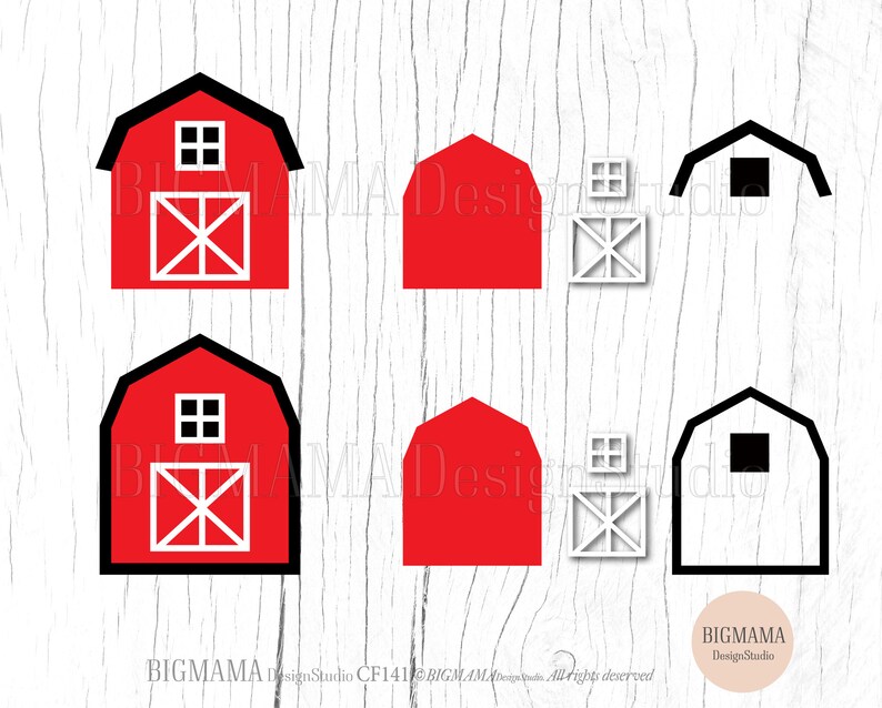 May include: Set of red and black barn silhouette clip art images. The set includes three different sizes of barns, with a window and door on each. The barns are on a white woodgrain background.