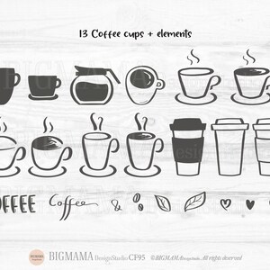 May include: A set of 13 black and white illustrations of coffee cups, coffee beans, leaves, and hearts. The text "13 Coffee cups + elements" and "COFFEE Coffee &" is included in the image.