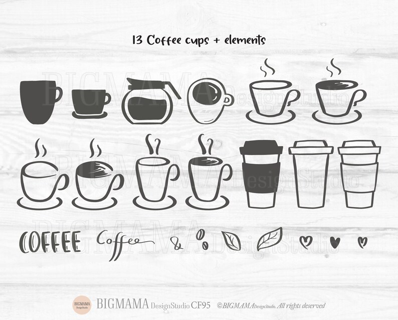 May include: A set of 13 black and white illustrations of coffee cups, coffee beans, leaves, and hearts. The text "13 Coffee cups + elements" and "COFFEE Coffee &" is included in the image.