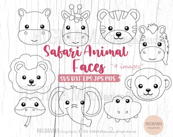 Safari Animal Face SVG, File di taglio, Bundle, Out Line, Stencil, Compleanno, Leone, PNG, Zoo, Timbro digitale, PNG, Clipart, Silhouette, Download istantaneo_BD24