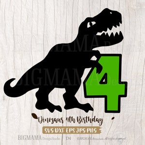 Dinosaur 4e verjaardag SVG, vierde, 4 jaar, T-rex, vier, nummer, feestvarken, tshirt, Dino, gesneden bestand, Cricut, PNG, DXF, silhouet, Instant download_D4