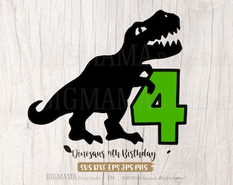 May include: A black silhouette of a dinosaur holding a green number four. The text "Dinosaur 4th Birthday" is below the dinosaur. The text "SVG DXF EPS JPG PNG" is below the birthday text. The text "BIGMAMA Design Studio D4 BIGMAMA All rights reserved" is below the file type text.