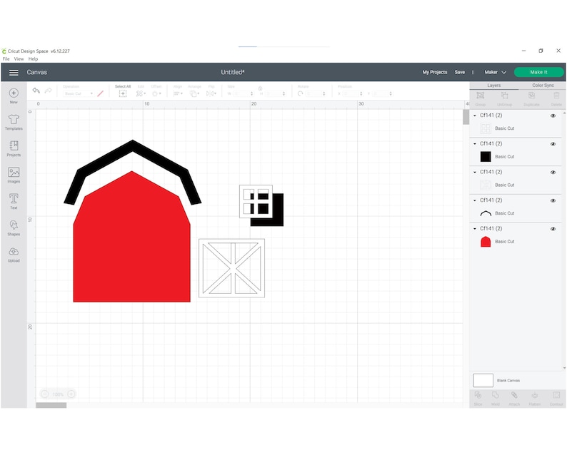 May include: A red barn with a black roof and a black window. The barn is on a white grid background.