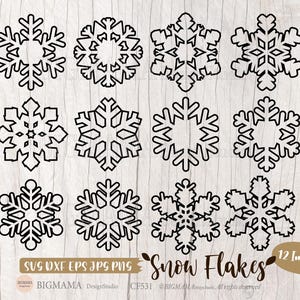 Puede incluir: Una colección de doce diseños de copos de nieve negros en varias formas y tamaños. La imagen incluye el texto "Snow Flakes" e información sobre tipos de archivos como SVG, DXF, EPS, JPG y PNG. También está presente el logotipo de BigMama DesignStudio.