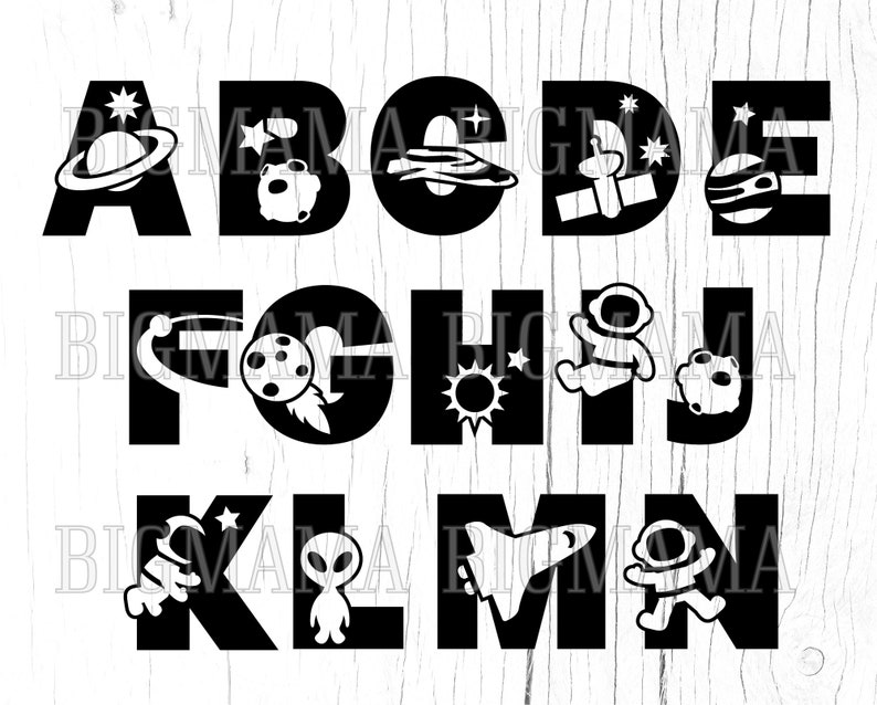 Op de afbeelding: Zwart-witte alfabetletters met ruimtethema-illustraties. De letters zijn A, B, C, D, E, F, G, H, I, J, K, L, M en N. Elke letter heeft een andere ruimtethema-illustratie, zoals een planeet, een raket, een ster en een astronaut.