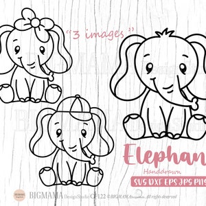 May include: Three black and white line drawings of elephants. Each elephant is sitting down with its legs crossed. The first elephant is wearing a bow. The second elephant is plain. The third elephant is wearing a baseball cap. The text "Elephant Handdrawn SVG DXF EPS JPG PNG" is below the elephants.
