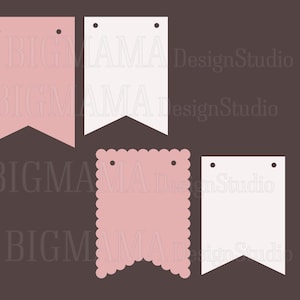 May include: Four printable banner templates for a party or celebration. Two are white and two are pink. The pink banners have a scalloped edge. All banners have two holes for hanging.