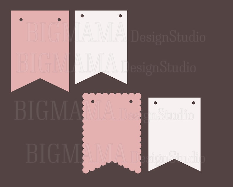 May include: Four printable banner templates for a party or celebration. Two are white and two are pink. The pink banners have a scalloped edge. All banners have two holes for hanging.
