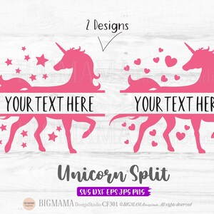 May include: Two pink unicorn silhouette designs with a split line for adding text. The first design has stars around the unicorn and the second design has hearts around the unicorn. The text reads "YOUR TEXT HERE" on both designs.