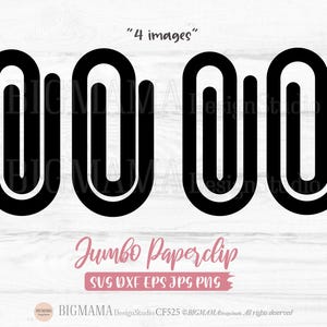 Puede incluir: Cuatro clips de papel jumbo negros se muestran sobre un fondo blanco. Los clips de papel son gruesos y estilizados, con bordes redondeados. La imagen incluye el texto "Jumbo Paperclip" e información sobre el tipo de archivo.
